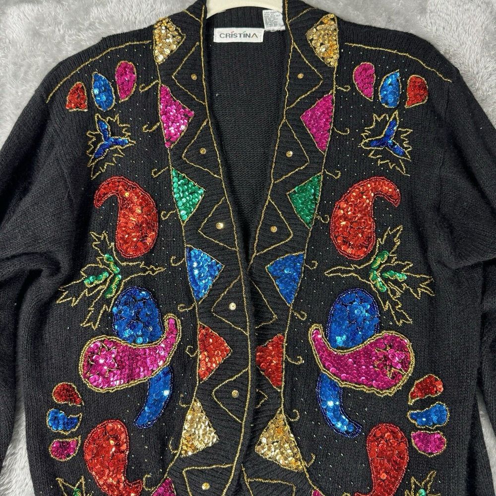 Vintage 80s Sweater‎ Womens M Black Colorful Pullover Beaded Silk Angora Holiday